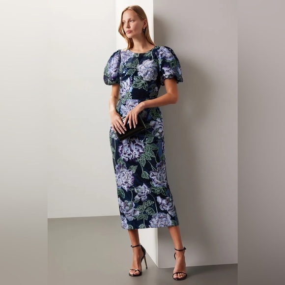 Marchesa Dresses & Skirts - Marchesa Notte Floral Embroidered Puff Sleeve Sequin Midi Dress